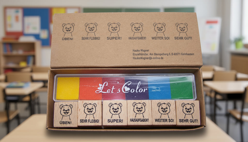 Bär Stempel, Motivationsstempel zur Belobigung für Lehrer in Grundschulen als Lehrerstempel, Schulstempel in Bärklassen zur Motivation