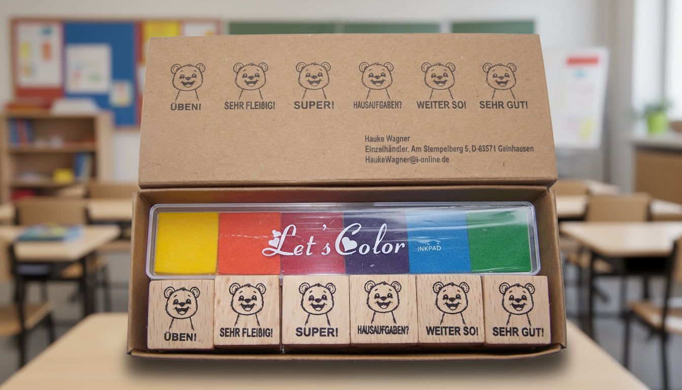 Bär Stempel, Motivationsstempel zur Belobigung für Lehrer in Grundschulen als Lehrerstempel, Schulstempel in Bärklassen zur Motivation