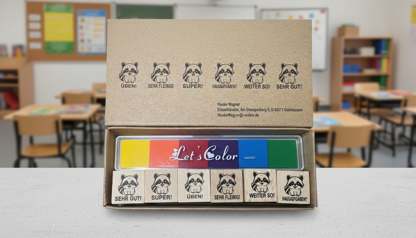 Waschbärstempel als Motivationsstempel und Belobigung Stempel für Lehrer als Lehrerstempel, Schulstempel in der Grundschule Waschbär Klasse