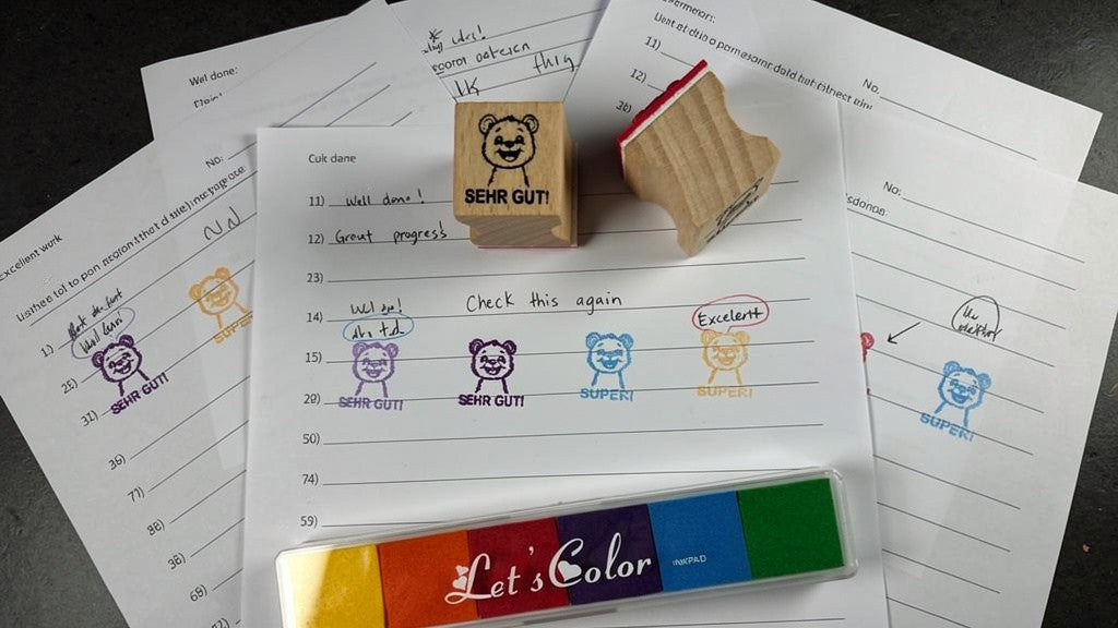 Bär Stempel, Motivationsstempel zur Belobigung für Lehrer in Grundschulen als Lehrerstempel, Schulstempel in Bärklassen zur Motivation
