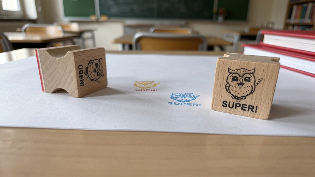 Eulen und Uhu Stempel zur Motivation und Belobigung für Lehrer in Schule mit Lehrerstempel für Schüler in Eulenklasse oder Uhuklasse